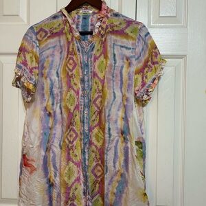 Johnny Was Pastel Multicolor Watercolor Stripe Button-Front Top